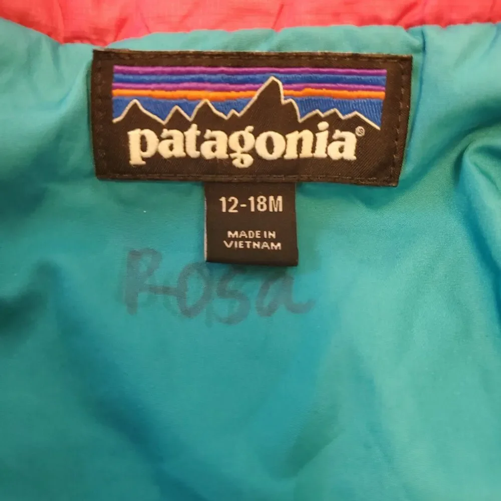 Patagonia Toddler Quilted Puffer Jacket Size 12-18 Months Pink Blue Trim
